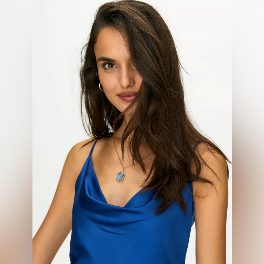 Aritzia Wilfred Only Ruched Slip Dress Adjustable Length Night bird Blue sz SML - Picture 5 of 10